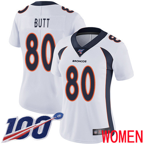 Women Denver Broncos 80 Jake Butt White Vapor Untouchable Limited Player 100th Season Football NFL Jersey